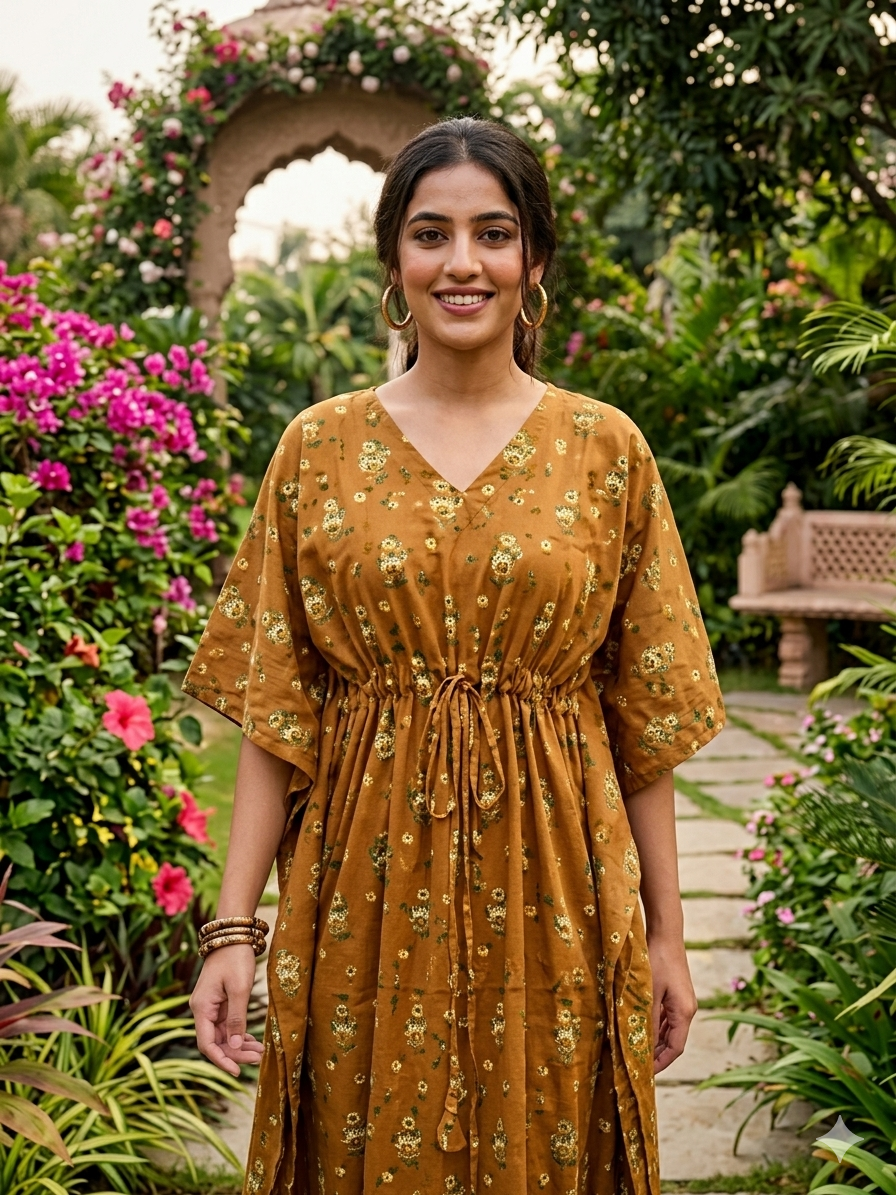 Floral feeding kaftan-mustard