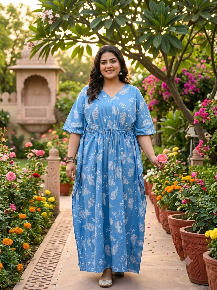 Premium floral kaftan in pure soft cotton fabric with centre zip &length 57”