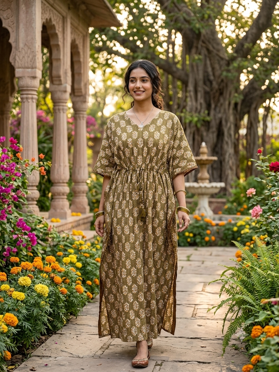 Premium kantha floral kaftan in RAYON fabric with double side zip &length 56” (size xxxl)