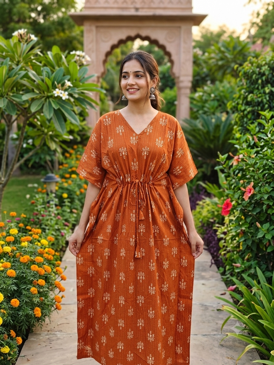 Kantha floral feeding kaftan -burnt orange
