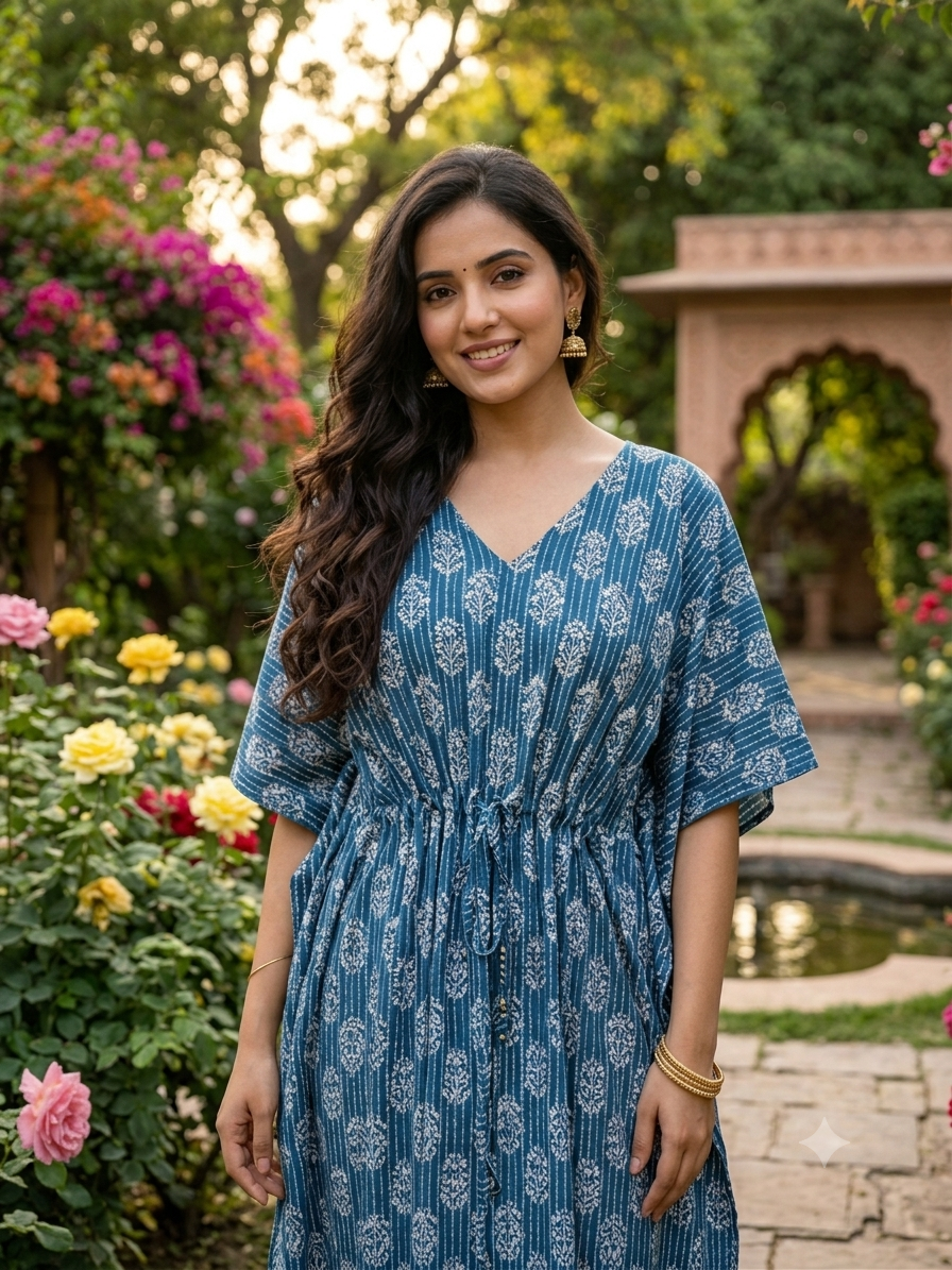 Premium kantha floral kaftan in RAYON fabric with double side zip &length 56” (size xxxl)