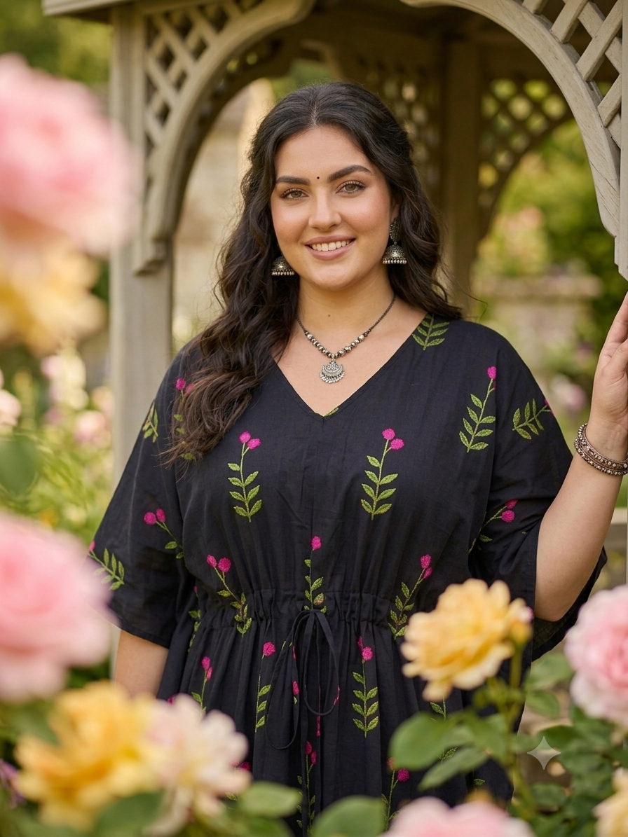 Premium floral plus size kaftan in pure soft cambric cotton fabric with centre zip &length 57” (free size L-5xl)