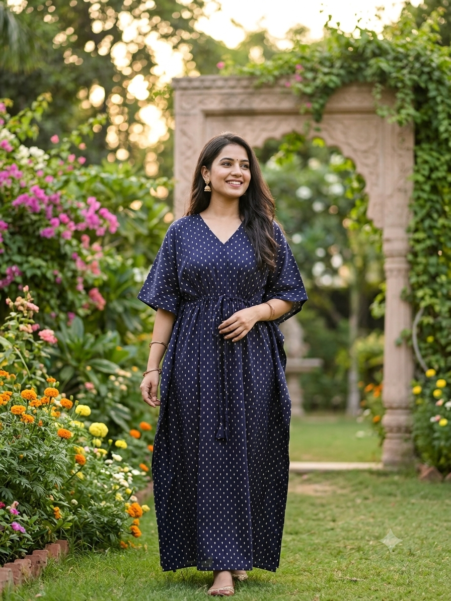 Polka feeding kaftan-navyblue