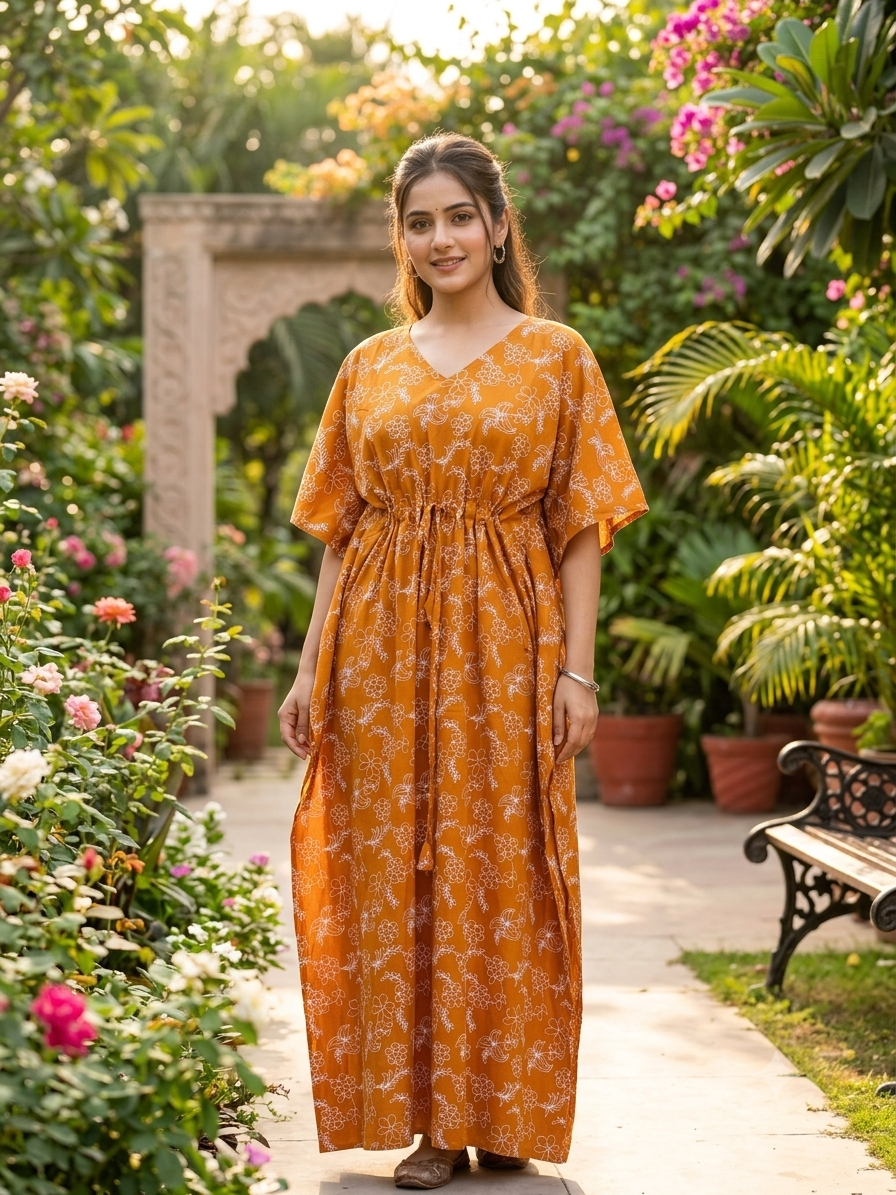 Floral feeding kaftan-mustard