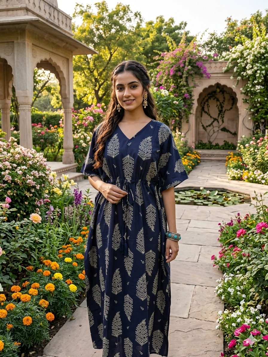 Floral feeding kaftan-navyblue