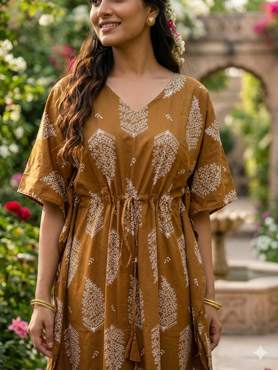 Floral feeding kaftan-mustard
