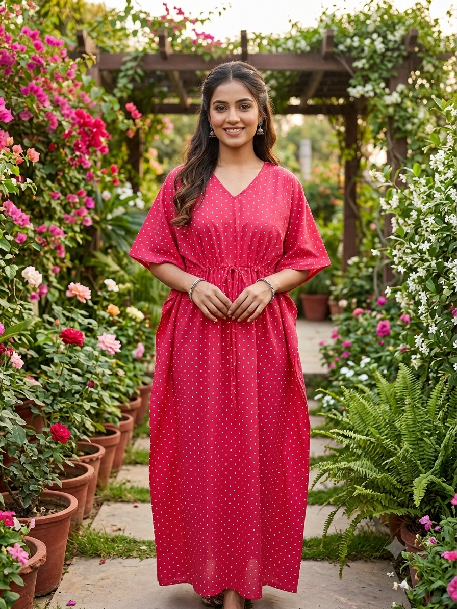 Polka feeding kaftan-rani pink