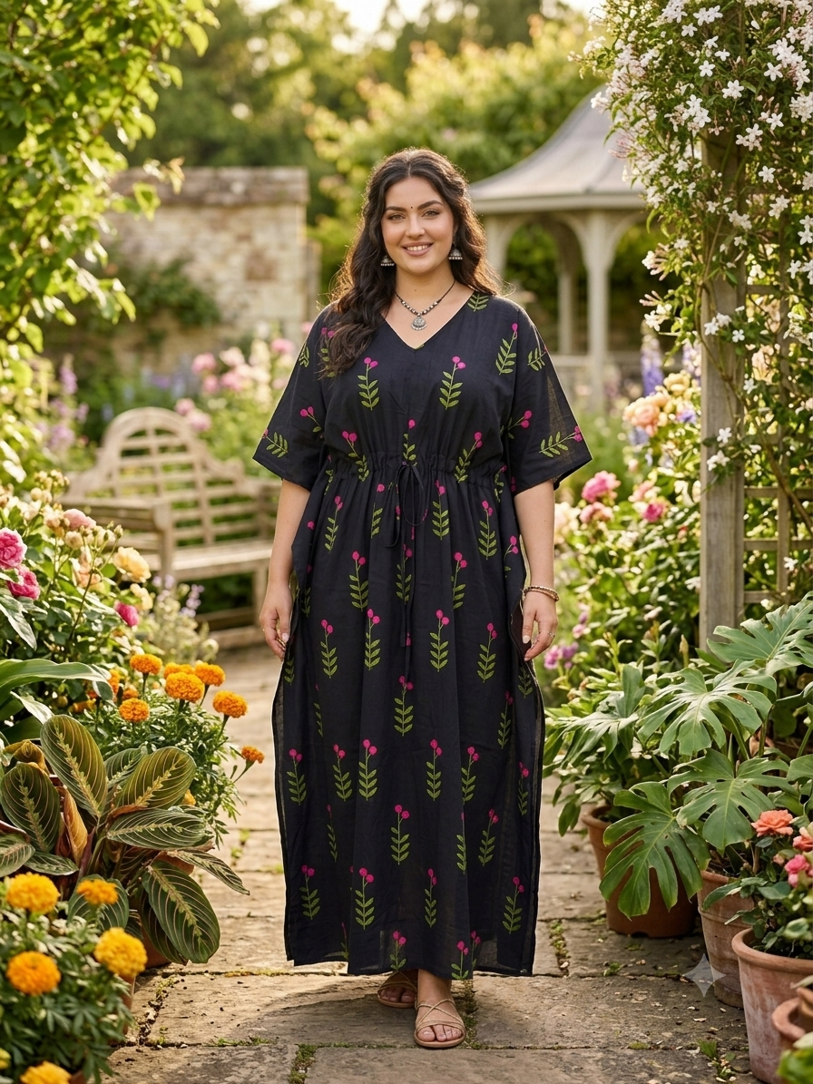Premium floral plus size kaftan in pure soft cambric cotton fabric with centre zip &length 57” (free size L-5xl)