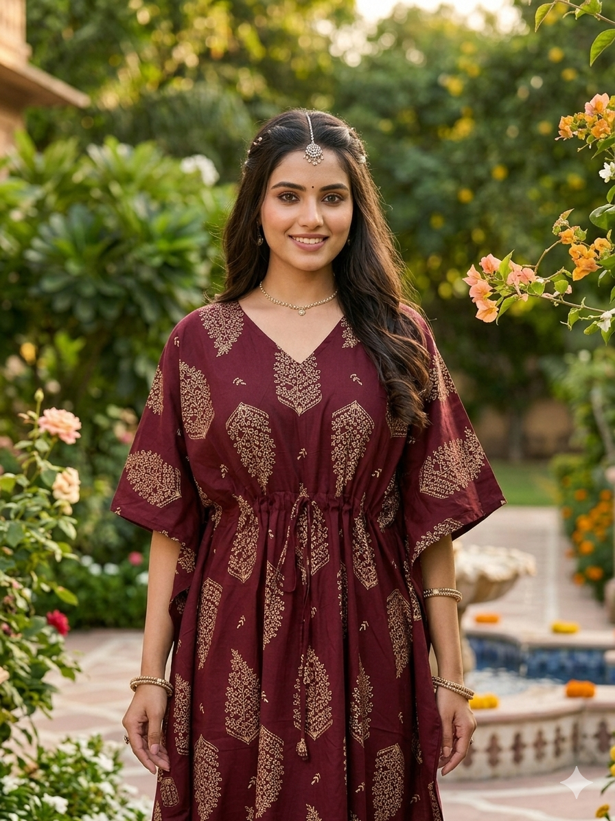Floral feeding kaftan-meroon