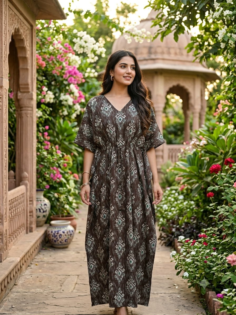 Premium ikkat kaftan in RAYON fabric with double side zip &length 56” (size xxxl)