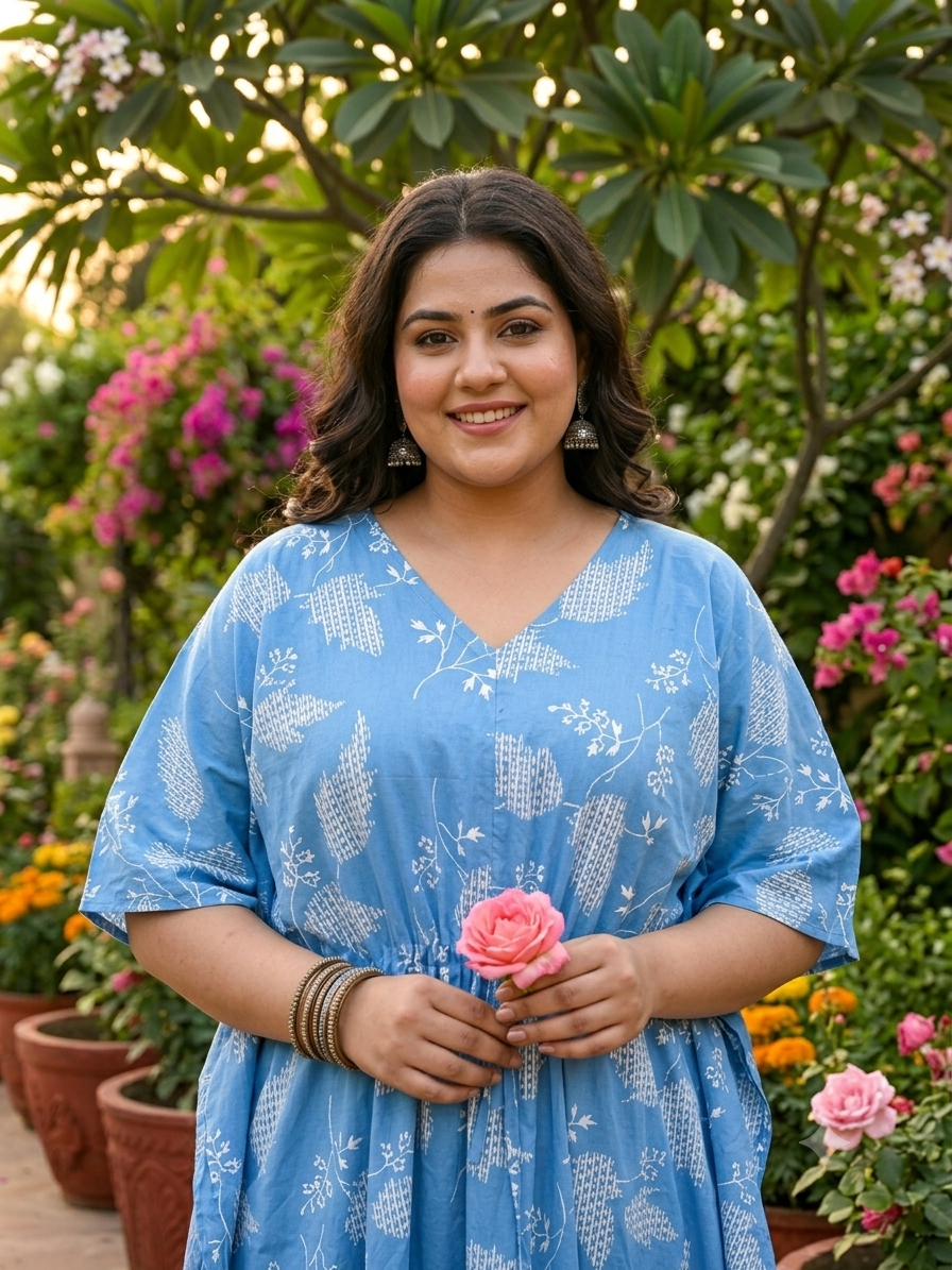 Premium floral kaftan in pure soft cotton fabric with centre zip &length 57”
