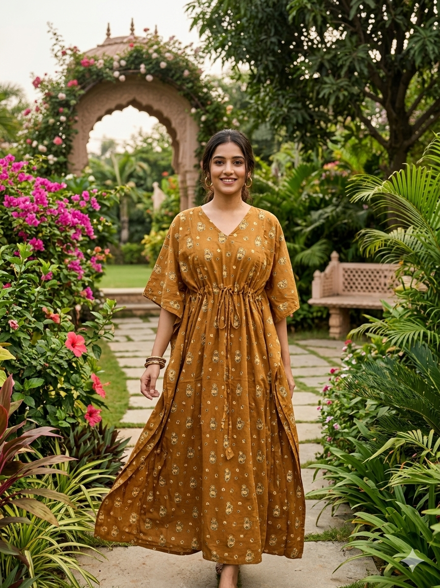 Floral feeding kaftan-mustard