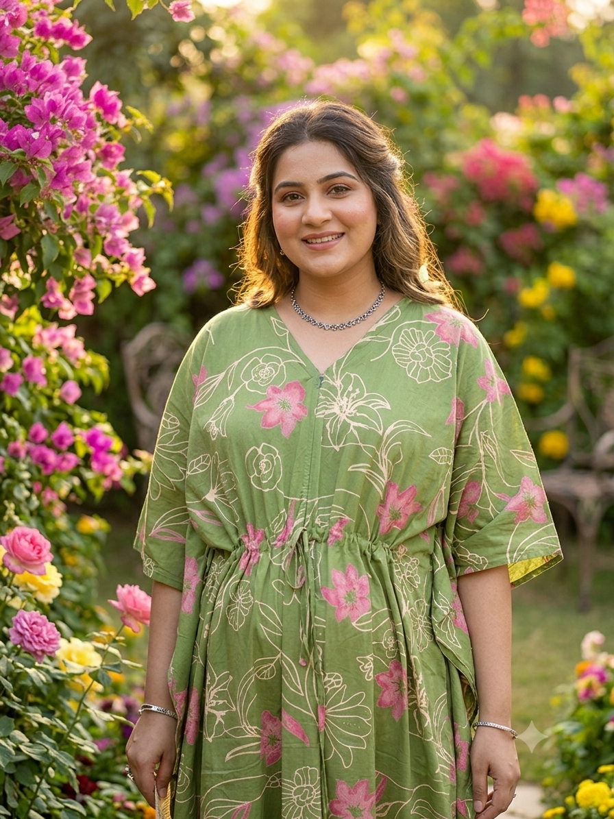 Premium floral plus size kaftan in pure soft cambric cotton fabric with centre zip &length 57” (free size L-5xl)