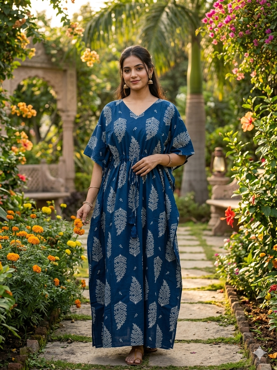 Floral feeding kaftan-teal blue