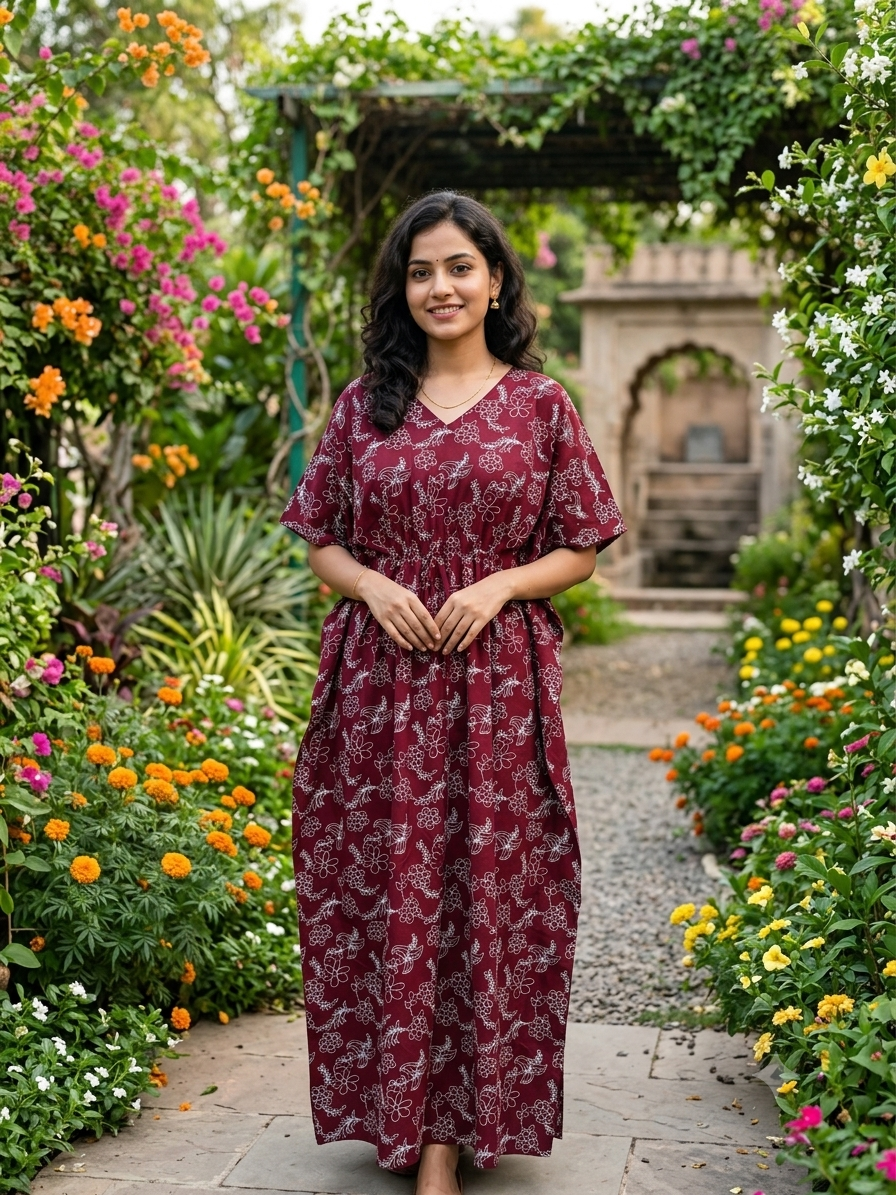 Floral feeding kaftan-meroon