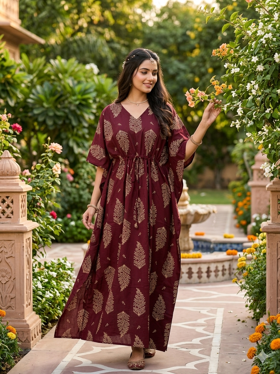 Floral feeding kaftan-meroon