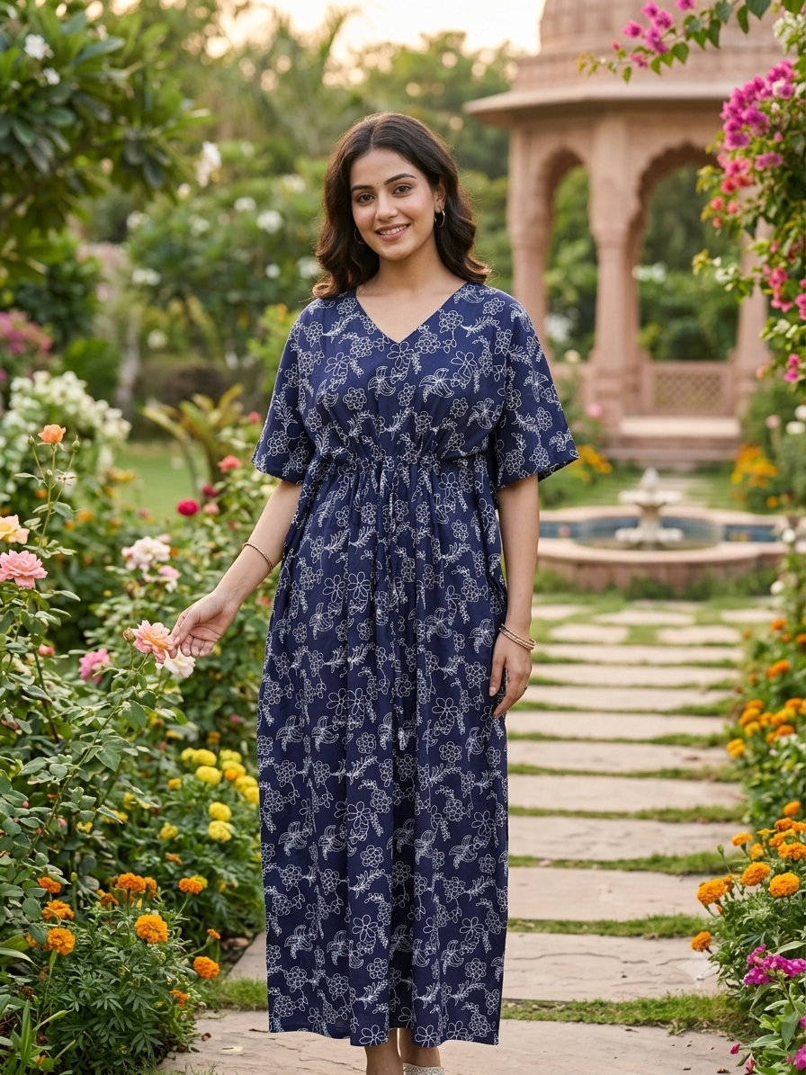 Floral feeding kaftan-navy blue
