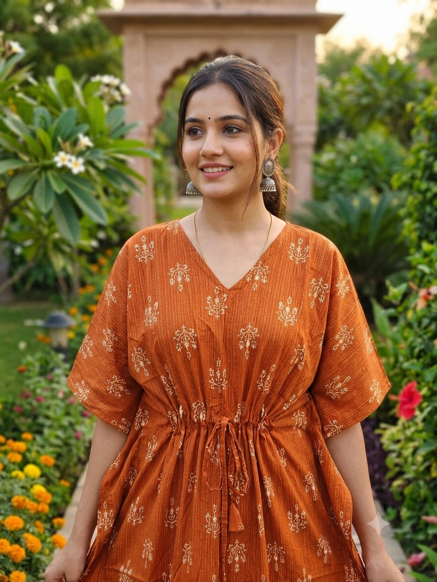 Kantha floral feeding kaftan -burnt orange
