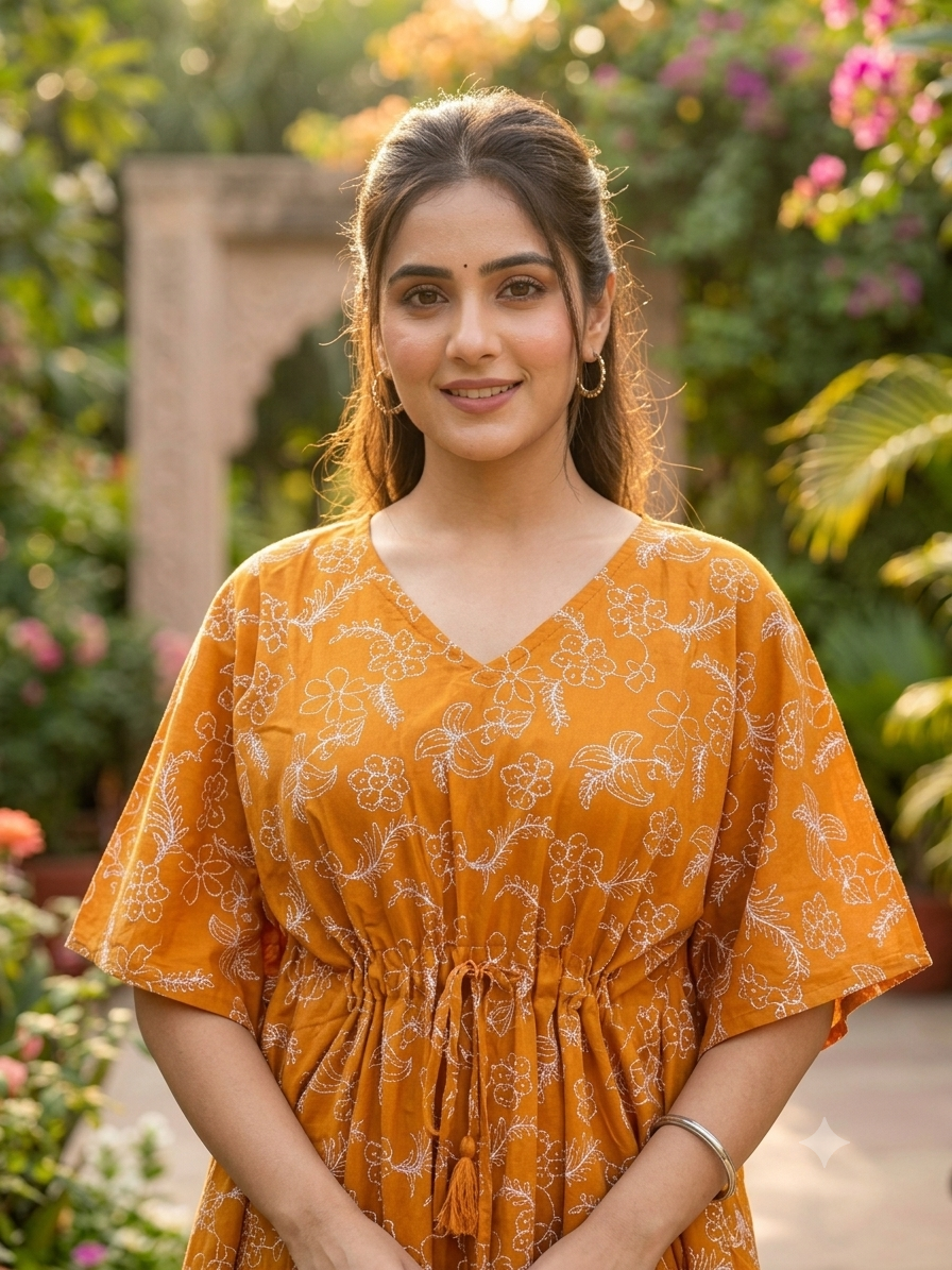 Floral feeding kaftan-mustard