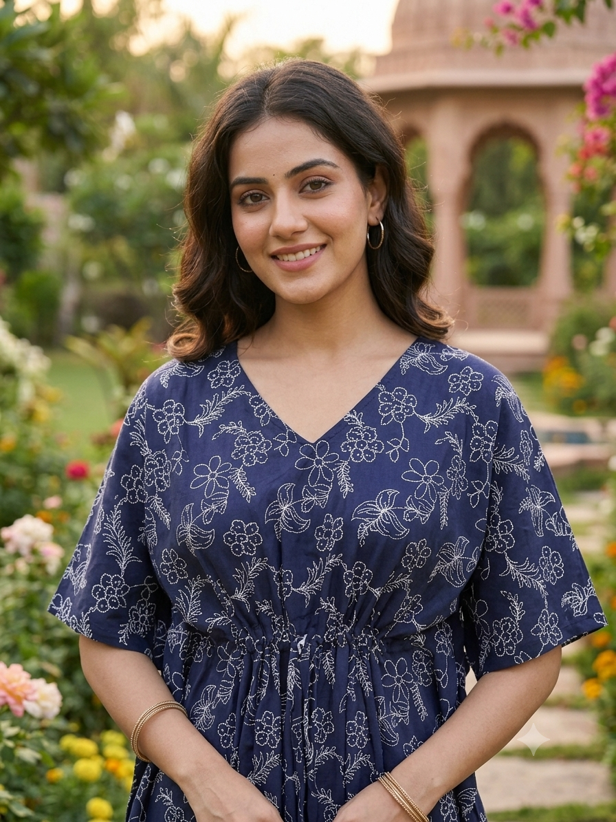 Floral feeding kaftan-navy blue