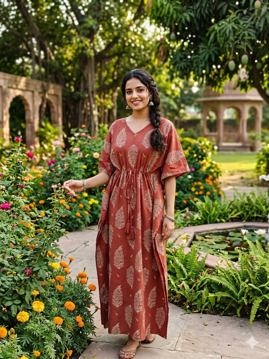 Floral feeding kaftan-brick