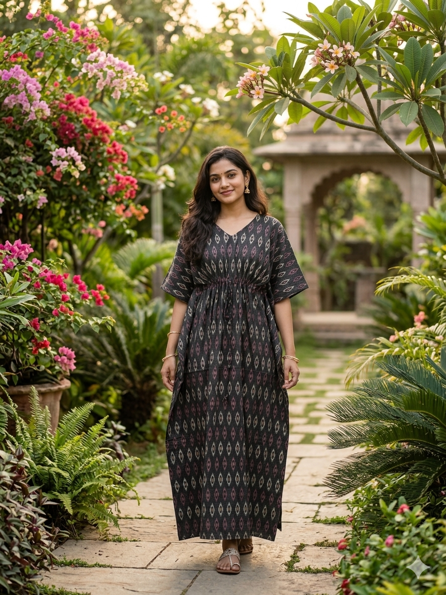 Ikkat nonfeeding kaftans-dark green