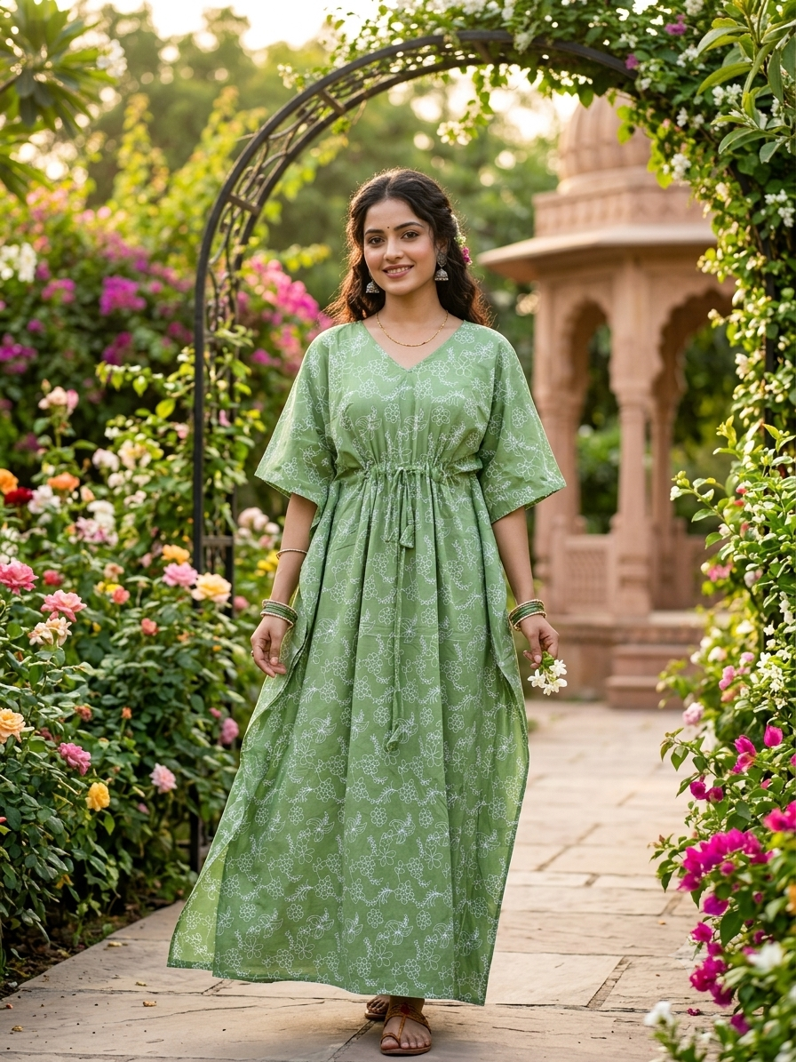 Floral feeding kaftan-pistagreen